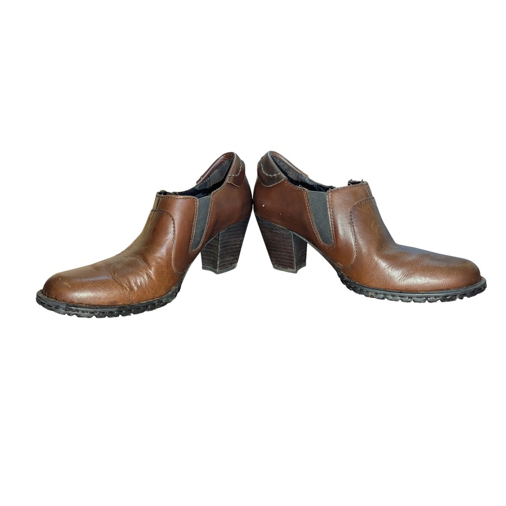 Born Caramel Brown Leather Ankle Booties Side Zip Stacked Heel Womens 7‎